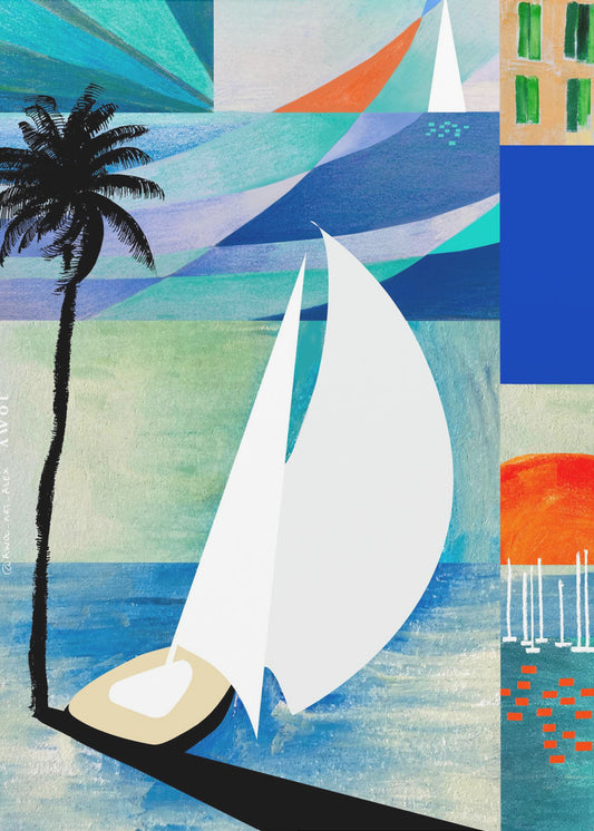 Farbenfroher mediterraner Reisekunstdruck mit Sonnenaufgang und Palme | Leinwand-Bilder