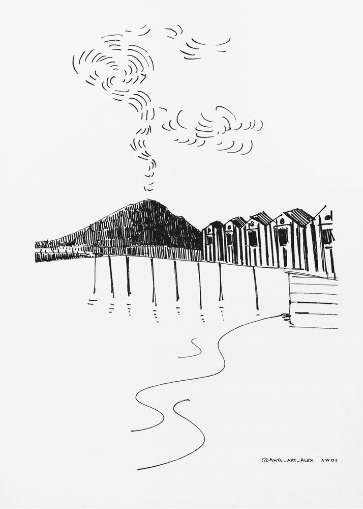 Ved havet i Italien med strandhytter og bjergvulkan, italiensk landskabskunsttryk | Lærredsbilleder