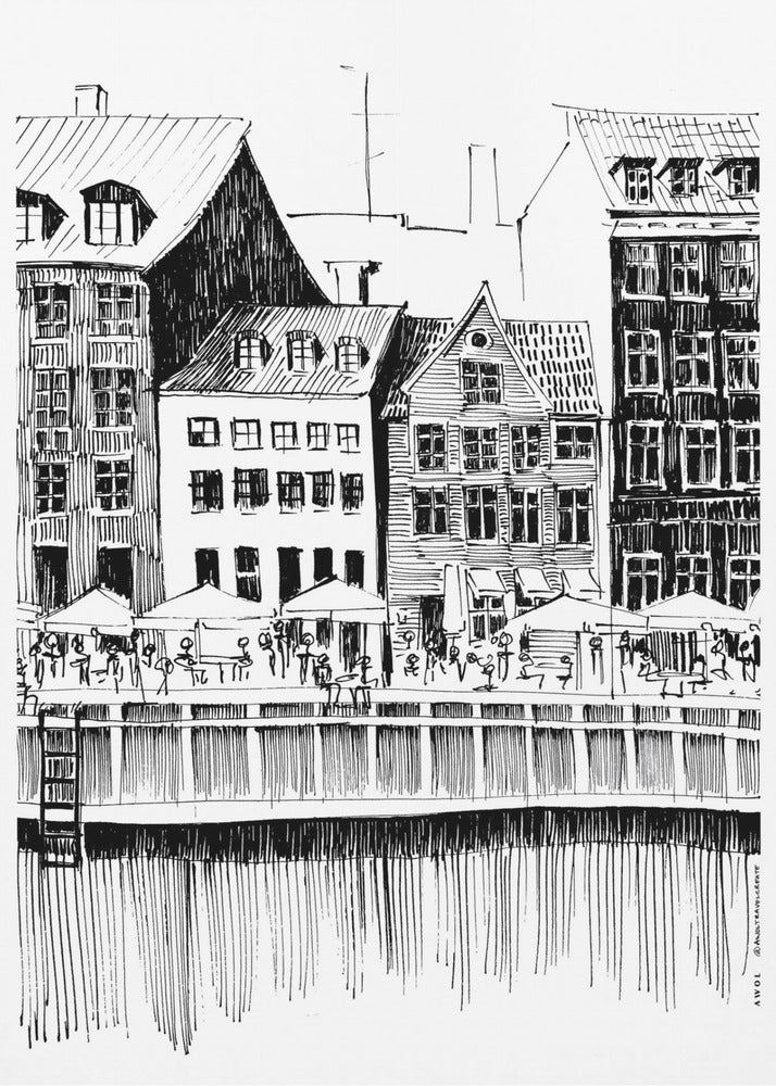 Copenhagen Art Print, Denmark Travel Illustration With Cafés On The Water | Canvas