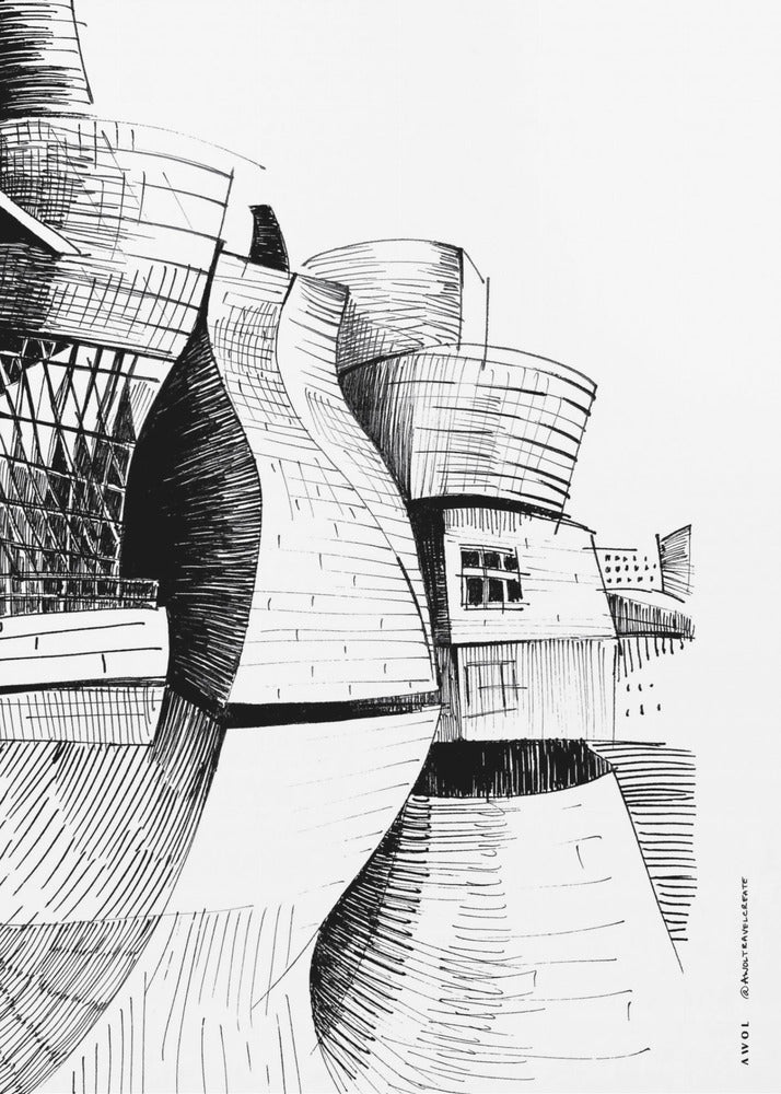 Guggenheim-Gebäude in Bilbao, Zeichnung moderner Architektur | Leinwand-Bilder