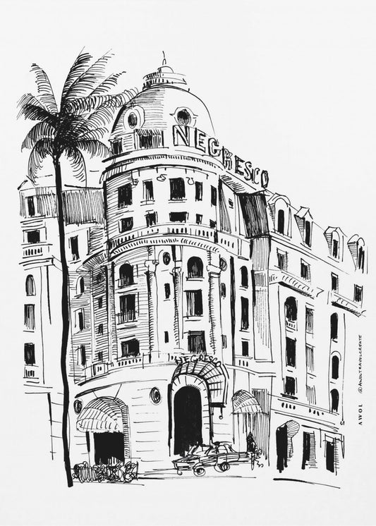 Kunstdruck von Nizza, Französische Riviera mit Architekturzeichnung des Negresco Hotels | Leinwand-Bilder