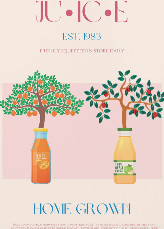 Orangen- und Apfelbäume mit Saftflaschen | Poster