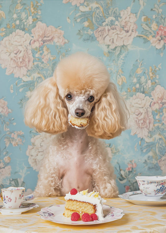 Caniche sentado en una mesa de té vintage | Impresiones en Lienzo