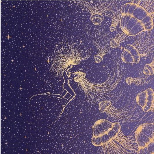 Starry Jellyfish and Diver (golden Lines & Purple Space) | Canvas