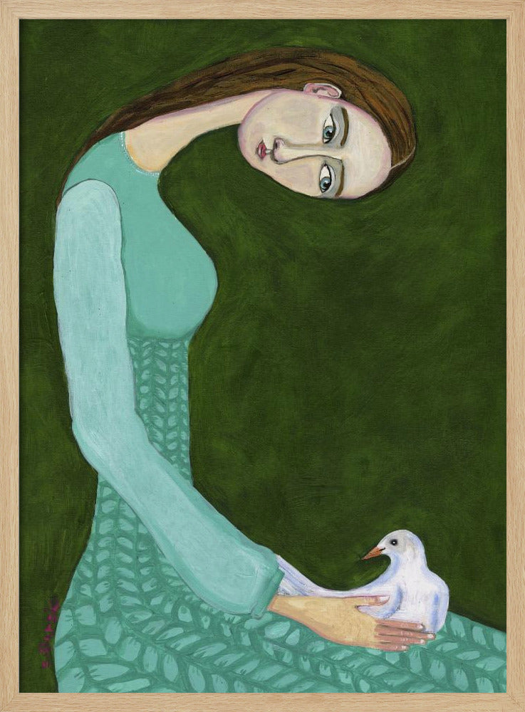 Dame sitzt mit weißer Taube Vogel Frau | Poster