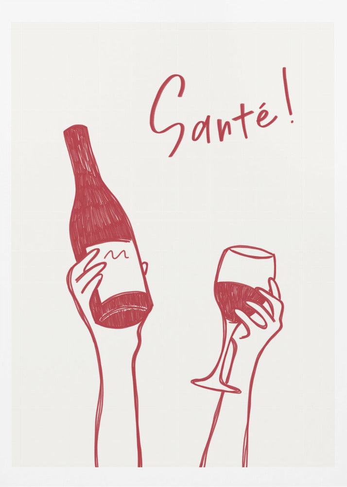 Hände halten eine Weinflasche und ein Weinglas mit dem Text „Prost!“ auf Französisch | Poster