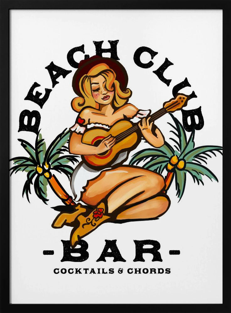 Beach Club Bar. Sailor Jerry Style Pin-up Girl Playing Guitar | Poster