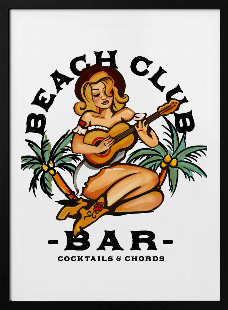 Beach Club Bar. Sailor Jerry Style Pin-up Girl Playing Guitar | Poster
