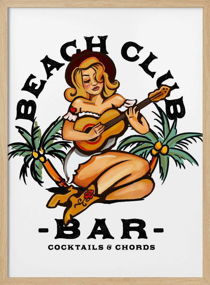 Beach Club Bar. Sailor Jerry Style Pin-up Girl Playing Guitar | Poster