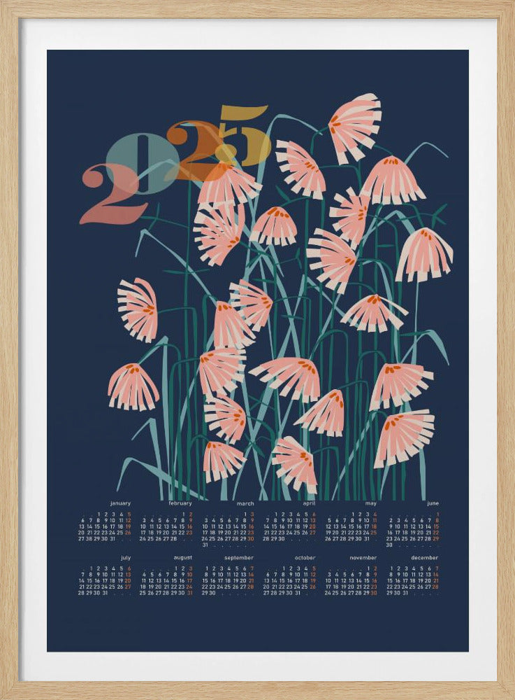 Kalender 2025 Linolschnitt Blumen blau | Poster