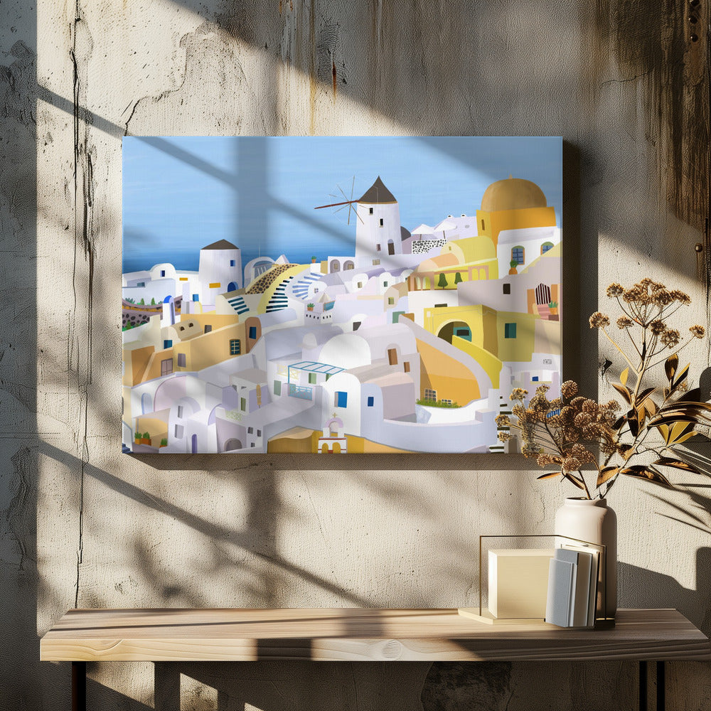 Santorini, Yellow and White Greek Buildings by Artist Carla Daly | Canvas