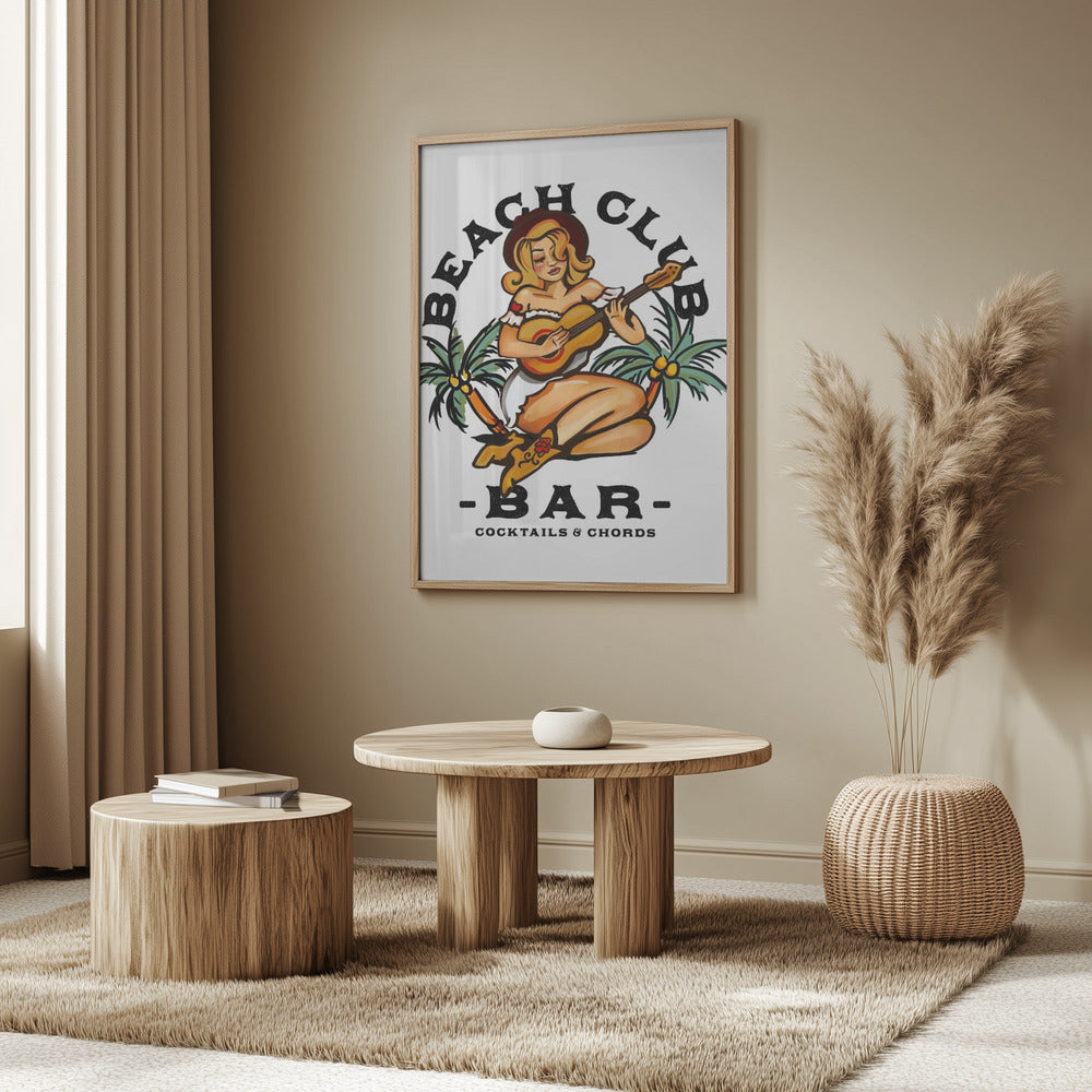 Beach Club Bar. Sailor Jerry Style Pin-up Girl Playing Guitar | Poster