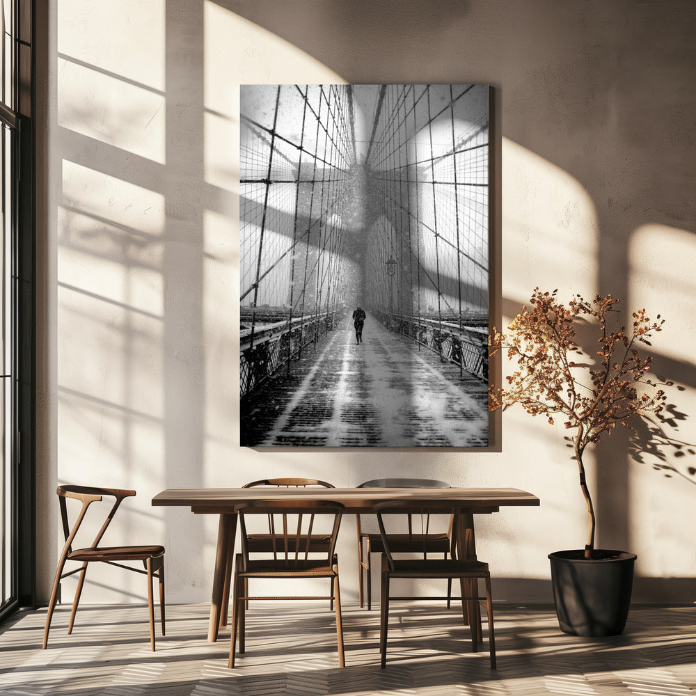 New York Walker in Blizzard - Brooklyn Bridge | Canvas