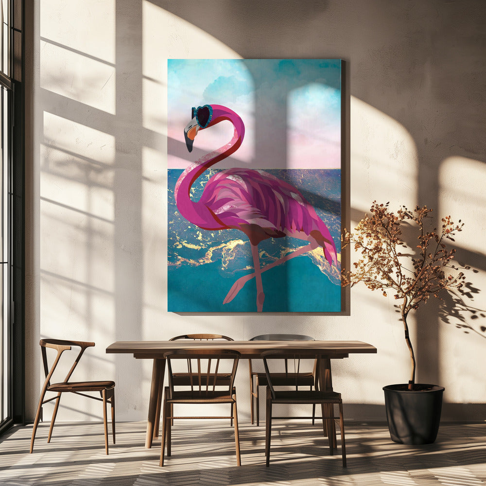 Flamingo geht zum Strand | Leinwand-Bilder