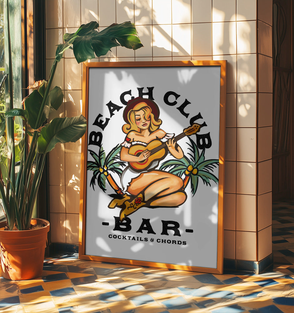 Beach Club Bar. Sailor Jerry Style Pin-up Girl Playing Guitar | Poster