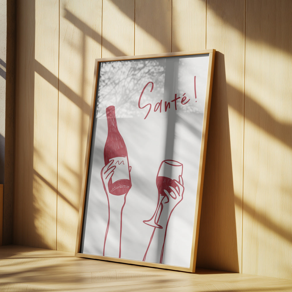 Hände halten eine Weinflasche und ein Weinglas mit dem Text „Prost!“ auf Französisch | Poster