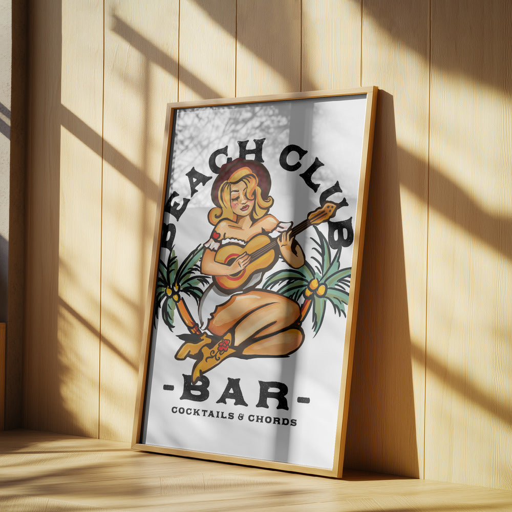 Beach Club Bar. Sailor Jerry Style Pin-up Girl Playing Guitar | Poster