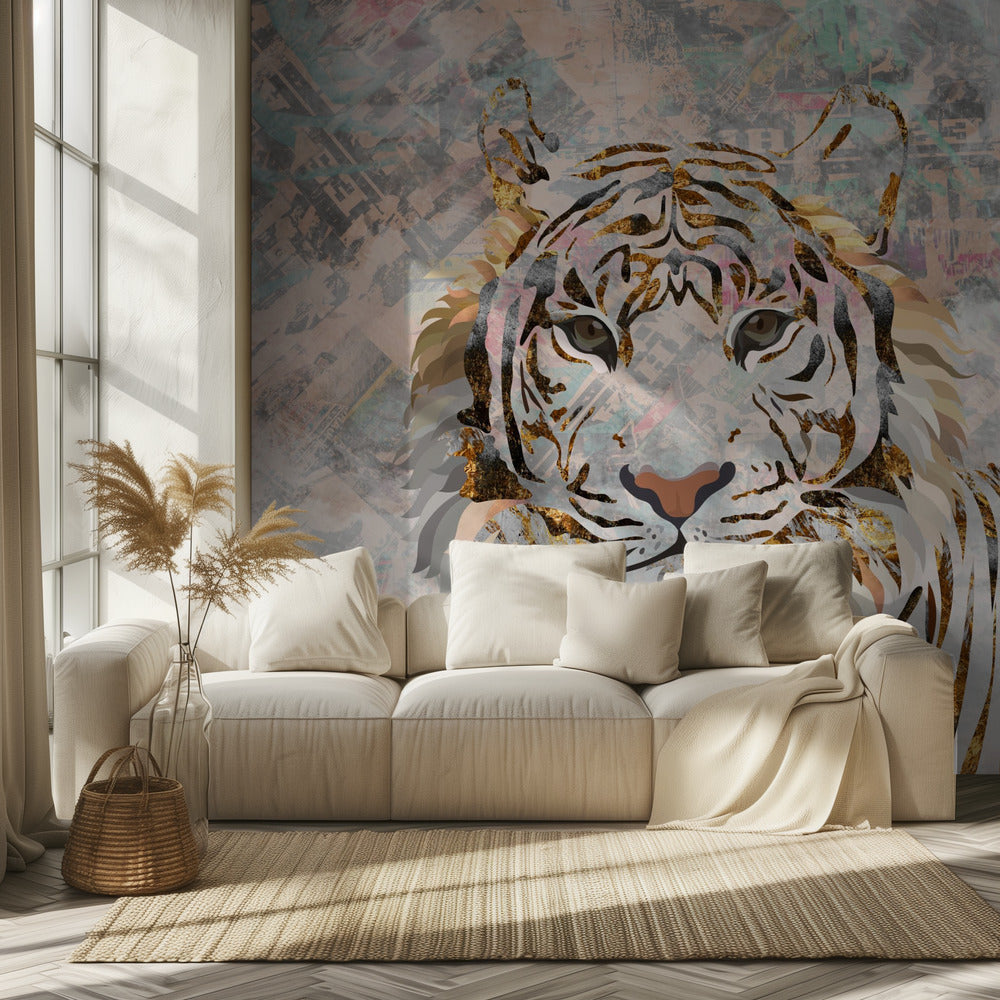 Tiger grungy gold mural | Wallpaper