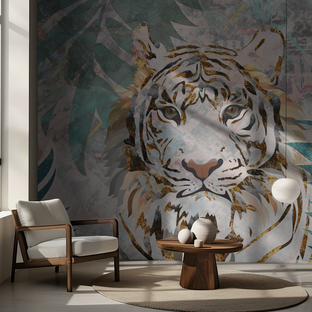 Tiger grunge tropical palm wall mural | Wallpaper
