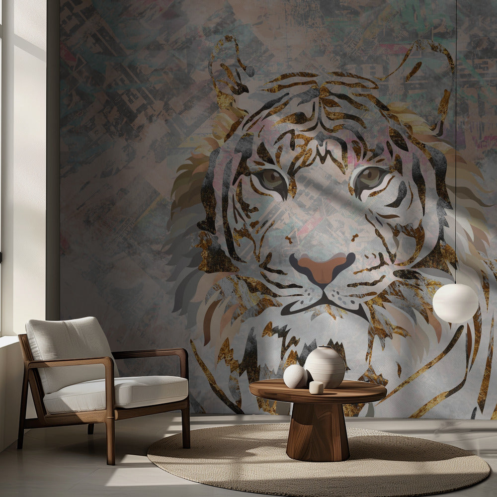 Tiger grungy gold mural | Wallpaper