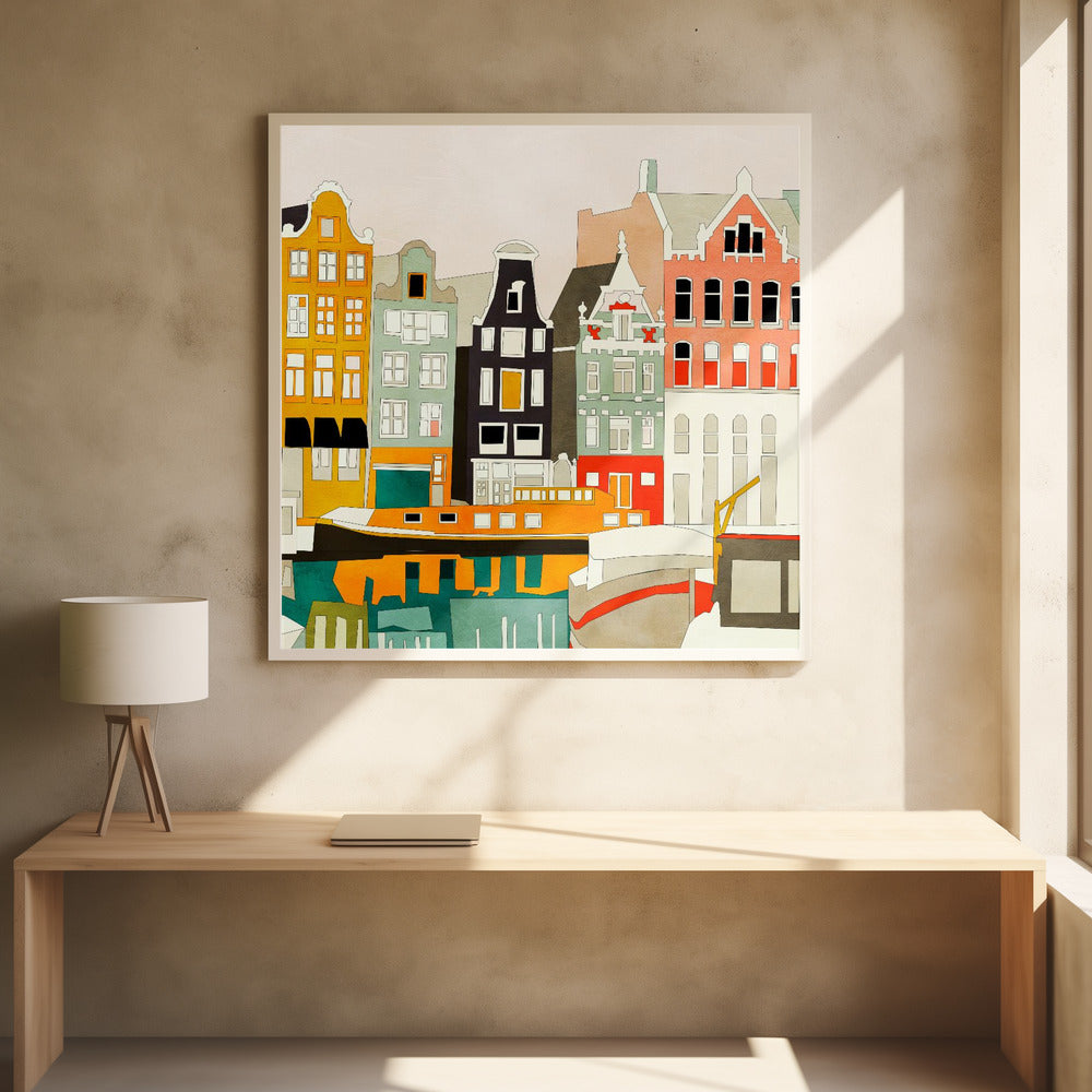 Amsterdamer Häuser mit Schiffen, Ansicht 1 | Poster
