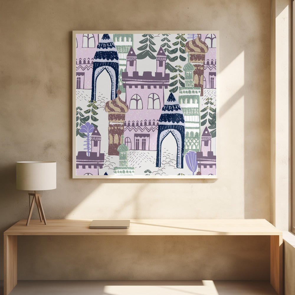 Block print Home castle pattern lilac blue | Poster