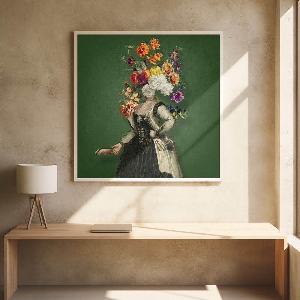 Klassische Porträtmalerei mit lebendigem floralem Element | Poster