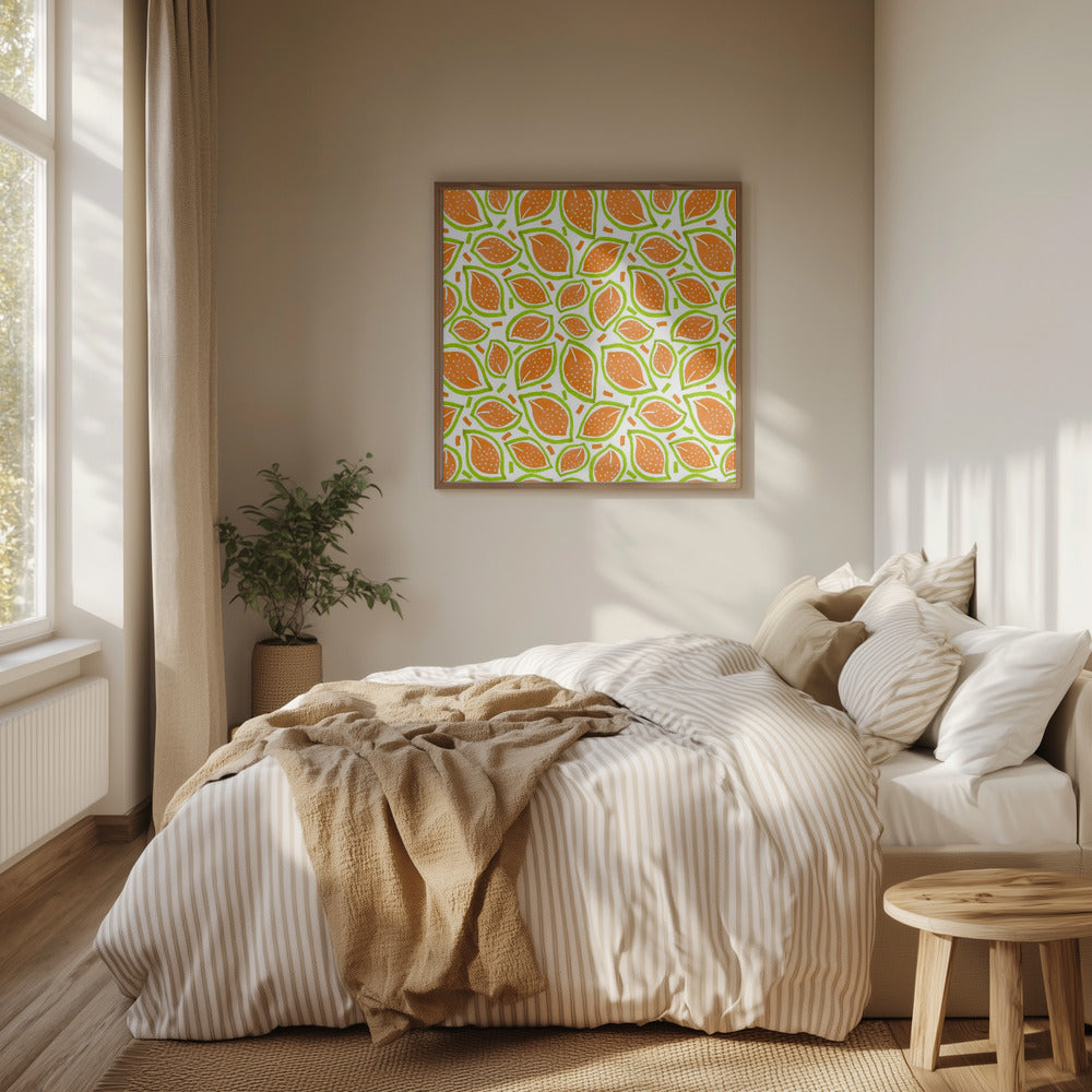Melone verstreute Blätter Polka Dot | Poster - Kunstdruck
