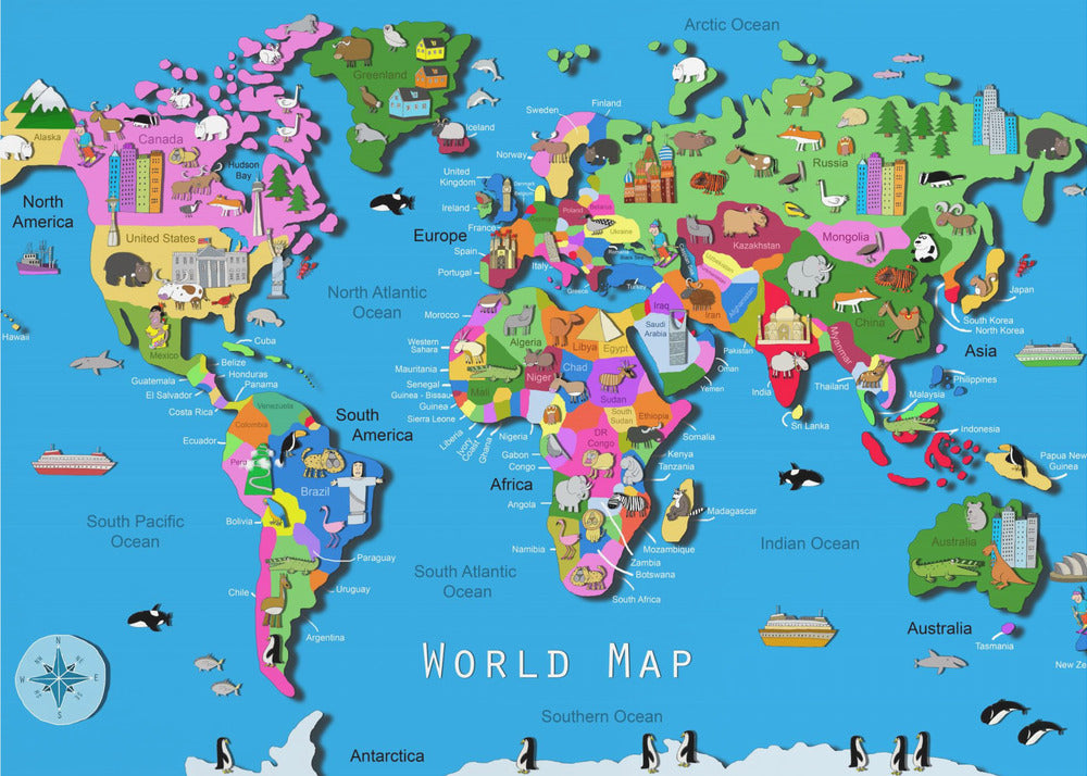 Illustrated World Map with Countries and Continents by Carla Daly | Canvas