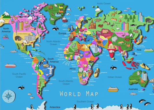 Illustrated World Map with Countries and Continents by Carla Daly | Canvas