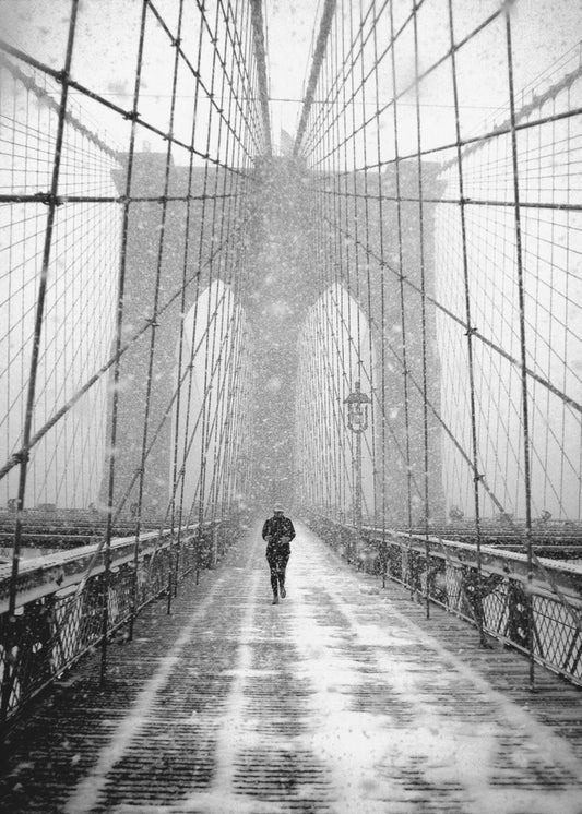 New York Walker in Blizzard - Brooklyn Bridge | Canvas