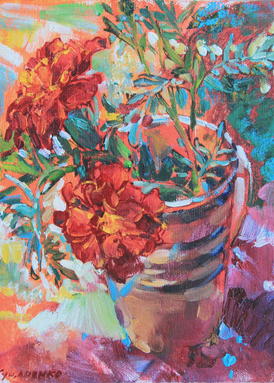 Marigolds in a cup | Canvas