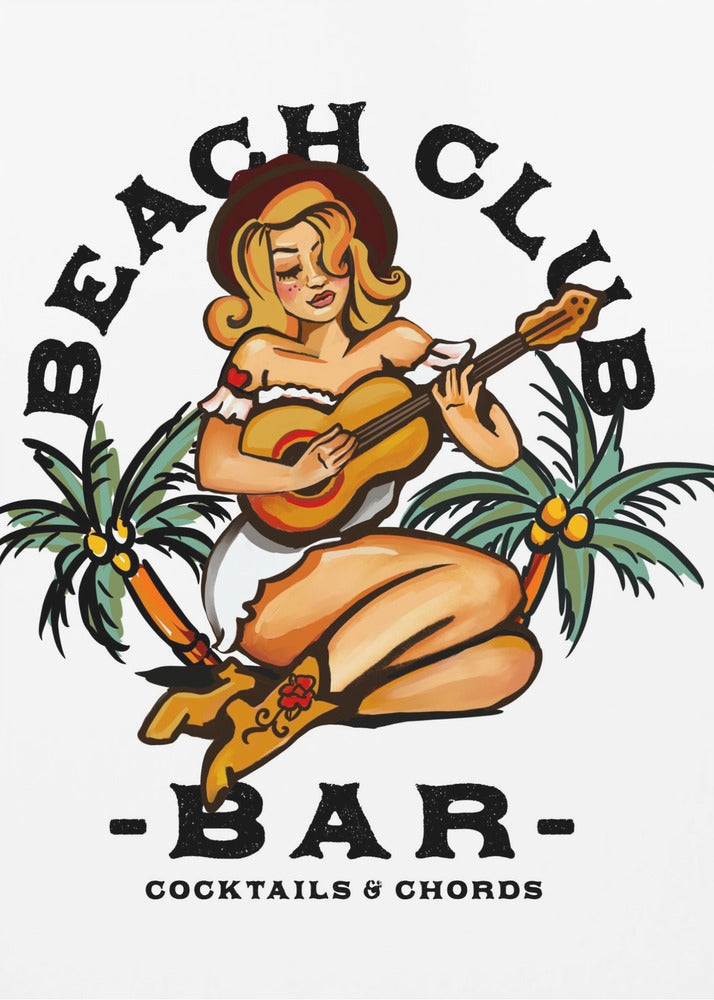 Beach Club Bar. Sailor Jerry Style Pin-up Girl Playing Guitar | Poster