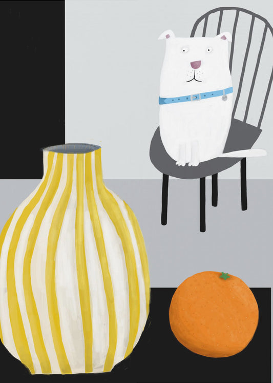 Funny White Dog with Yellow and White Stropped Vase by Carla Daly | Poster