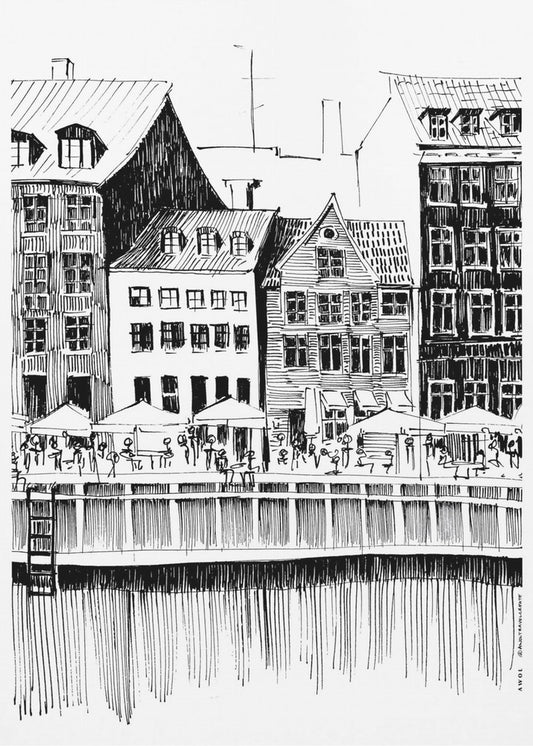 Copenhagen Art Print, Denmark Travel Illustration With Cafés On The Water | Canvas